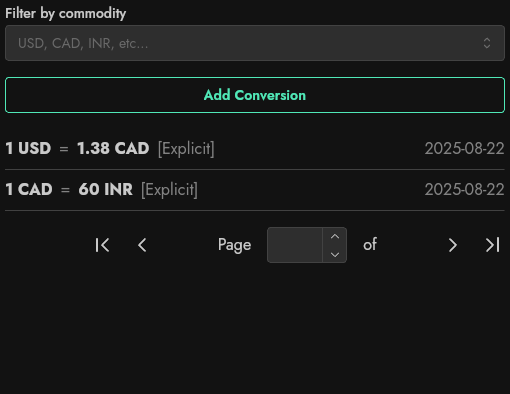 Screenshot showing how you can add several currencies and add conversion rates between commodities over time.