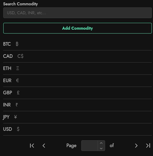 Screenshot showing how you can add several currencies and add conversion rates between commodities over time.