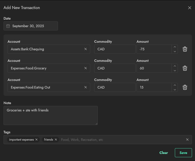 Screenshot showing transaction and multiple entries