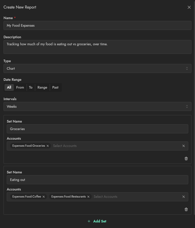Screenshot of the comprehensive report builder UI